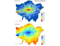 Contour plot of London showing the annual average NO2 and O3 concentrations predicted by ADMS-Urban for 2008. NO2 regions shown in yellow, orange or red are predicted to exceed the UK NAQS targets.