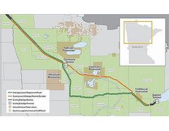 The route of the Enbridge Line 3 pipeline expansion is marked in orange and the proposed pipeline route is marked in green. (Map courtesy Enbridge)