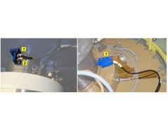 Typical installation of the sensors for measuring relative shaft displacement (position 1) and rotation speed sensor (position 2)