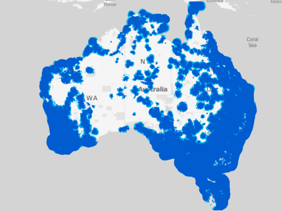Indicative coverage of CatM1 on Telstra Australia. May require high gain antenna. Can also operate on Vodafone/Optus if required. Refer to network operator for detailed coverage maps.