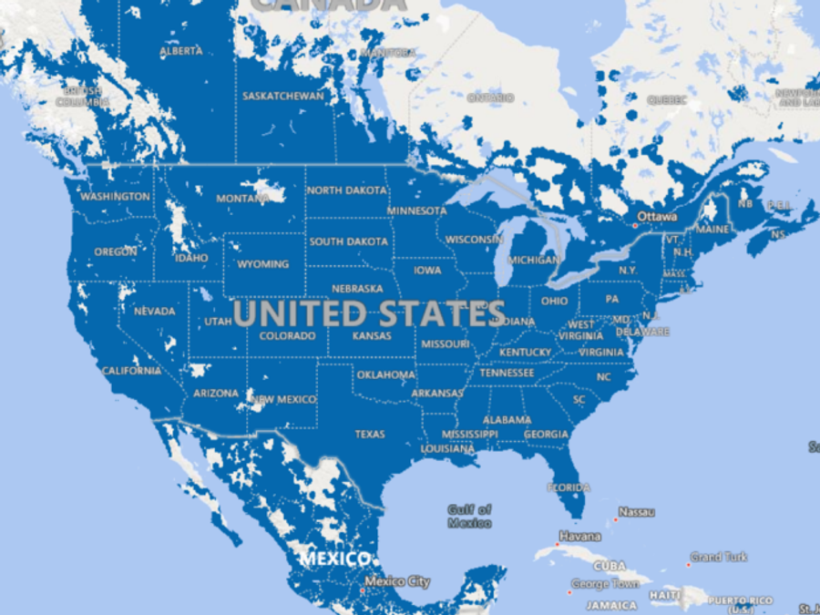 Indicative 4G (CatM1 / LTE-M) coverage of Verizon in North America. May require high gain antenna. Can also operate on AT&T & T-mobile if required.