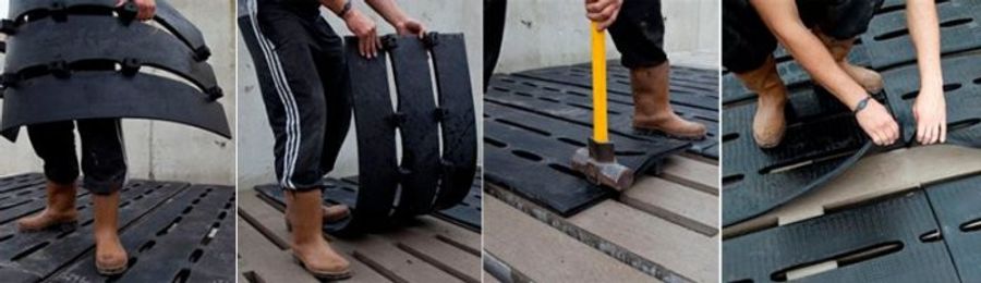Picture Sequence shows the ease with which the Durapak Slatted Rubber Mat is positioned onto the slat