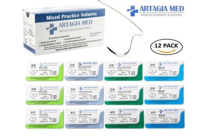 12 Medical Sutures with Needles for Suture Practice