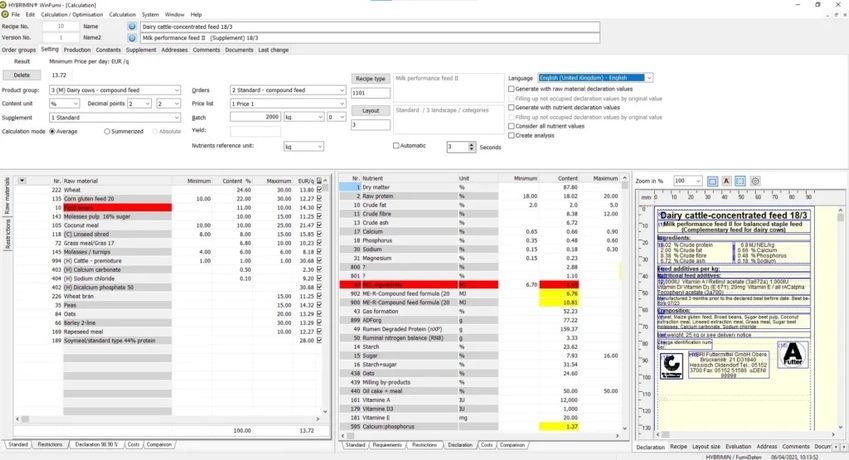 Hybrimin WinFumi - Version 9.5 - Animal Feed Formulation Software for Calculation and Optimization